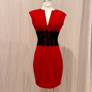 Red Cocktail Office Holiday Party Dress with Black Lace Detail Tailored USA made